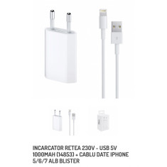 INCARCATOR RETEA USB 5V 1000MAH + CABLU DATE IPHONE X XS XS MAX 11 12 ALB