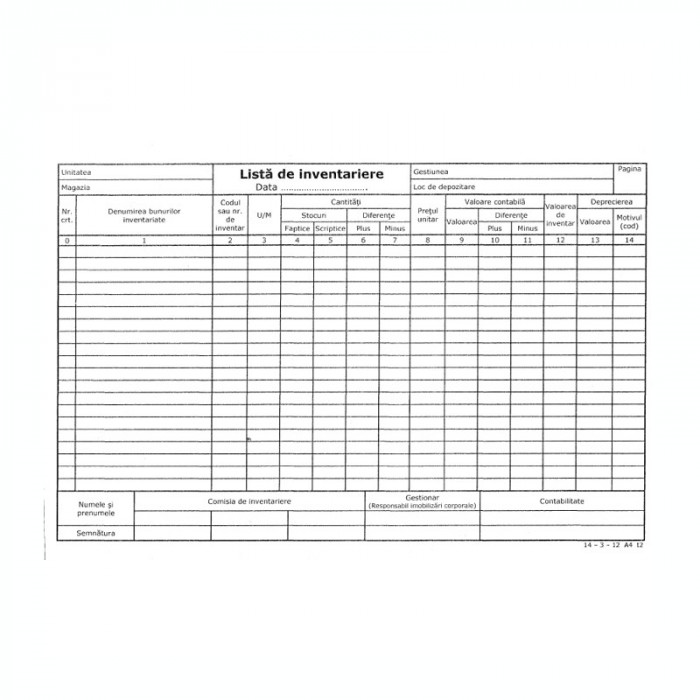 Lista inventar 14 coloane, format A4, orientare vedere, 100 file