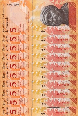 VENEZUELA lot 10 buc. X 5 bolivares 3 februarie 2011 UNC!!! foto