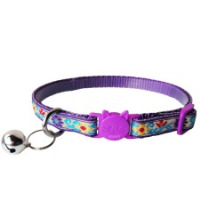 Zgarda ajustabila cu clopotel pentru pisici, imprimeu floral brodat, 20-32cm/1cm, Mov, Ropet