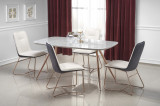 Set masa din MDF, furnir si metal Barcano Gri / Auriu + 4 scaune tapitate cu piele ecologica K390 Crem / Gri inchis / Auriu, L160xl90xH77 cm