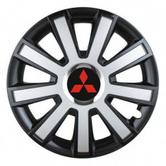Set 4 capace roti Silver/black cu inel cromat pentru gama auto Mitsubishi, R14