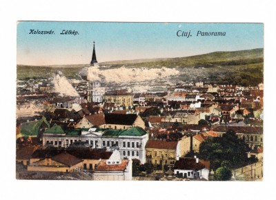 CP Cluj-Napoca - Panorama, interbelica, circulata, stricata pe mijloc foto