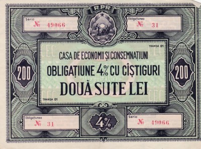 OBLIGATIUNE CEC R.P.R.DOUA SUTE LEI foto