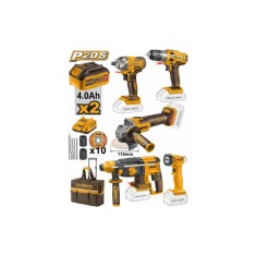 Set kit de scule electrice cu 2 acumulatori, flex, bormasina, rotopercutor, cheie impact, lanterna, pentru iluminare portabila - Ingco CKLI2019