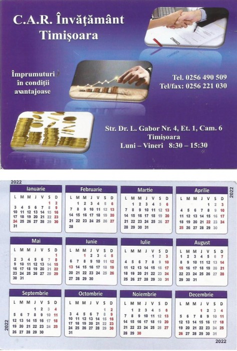 Romania, C.A.R. Invatamant Timisoara, calendar de buzunar, 2022