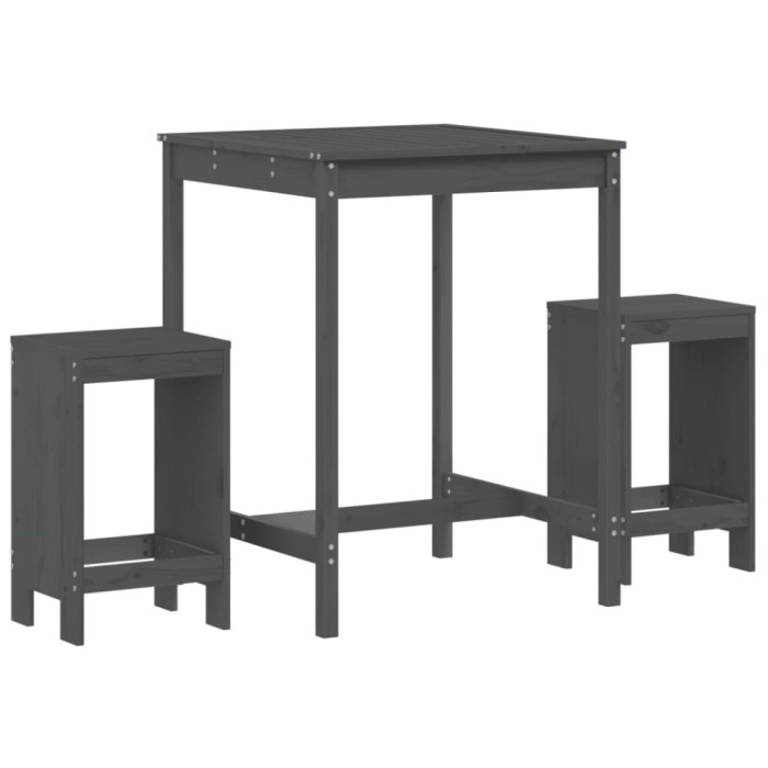 Set bar de gradina, 3 piese, gri, lemn masiv de pin