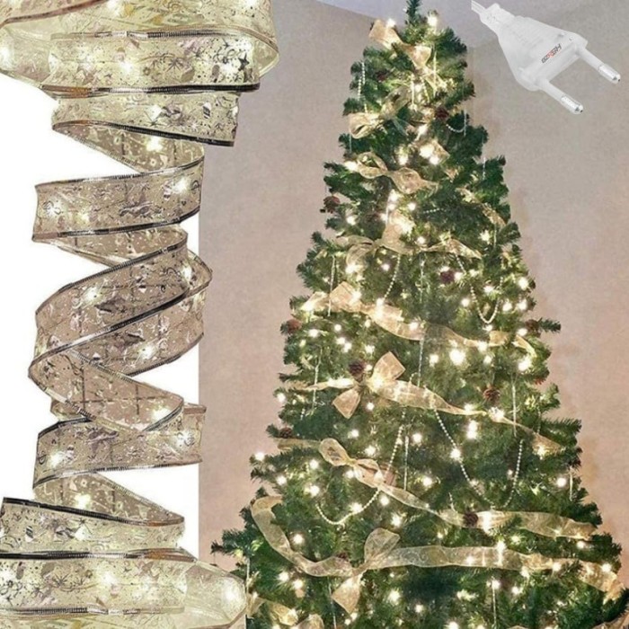 Panglica Luminoasa pentru Bradul de Craciun BZRSH, 50 LED-uri, 5 m, Argintie cu Lumina Alb Calda, 8 Programe , Decor Festiv LED, Ghirlanda Craciun Int