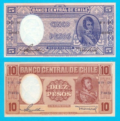 Chile Set 2x (p#119+120) 5+10 Pesos 1958-59 aUNC+ &amp;#039;Condor&amp;#039; foto