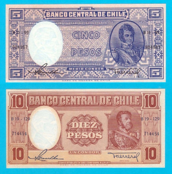 Chile Set 2x (p#119+120) 5+10 Pesos 1958-59 aUNC+ &#039;Condor&#039;