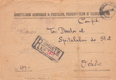 1950 Plic cu antet DGPTT scutit taxa postala, supratipar RPR tip sigiliu ORASTIE foto