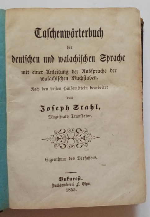 Dictionar german roman, Joseph Stahl, Bucuresti 1855