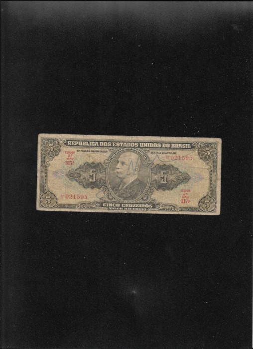 Rar! Brazilia 5 cruzeiros 1950 seria021595 valor recebido semnatura de mana