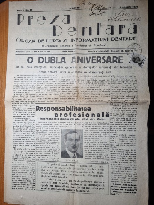 ziarul presa dentara 1 ianuarie 1936 - asociatia dentistilor din romania