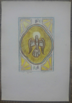 Porumbel, simbol crestin// gravura colorata, pointe seche foto