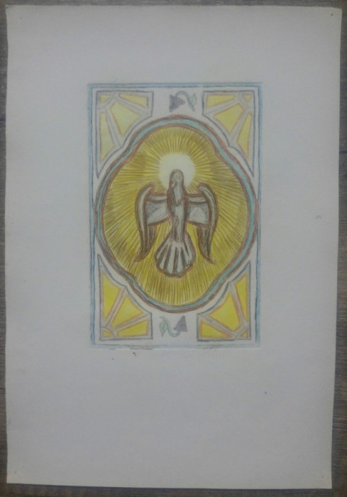 Porumbel, simbol crestin// gravura colorata, pointe seche