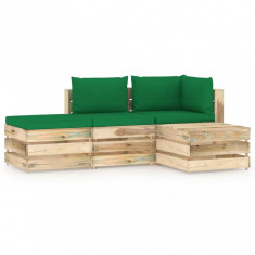 Set mobilier de grădină cu perne, 4 piese, lemn verde tratat