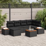 Set canapea grădină vidaXL cu 7 piese și perne, ratan poli negru, acacia, Canapea grădină vidaXL pentru 2 persoane cu depozitare și perne, ratan poli