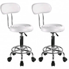 SET - 2x Scaun salon cu spatar si roti, Taburet rotativ, Piele ecologica, Alb foto