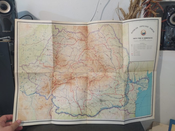 Republica Populară Rom&icirc;nă Rom&acirc;nă, Harta fizică și administrativă, Rom&acirc;nia &icirc;mpărțită pe regiuni, Regiunea Autonomă Maghiară, București 1957, 013