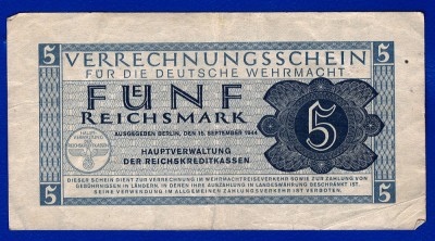 (2) BANCNOTA (CERTIF COMPENSARE) GERMANIA - 5 REICHSMARK 1944, TRUPELE WEHRMACHT foto