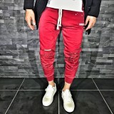 Pantaloni pentru barbati de trening rosu conici banda jos cu siret alb rupturi genunchi bumbac Z0007