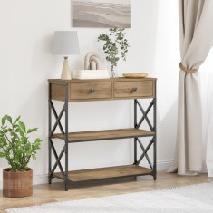 Gossi masa consola, stejar artizanal, 75x28x75 cm, lemn si otel