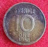 (A263) MONEDA DIN ARGINT SUEDIA - 10 ORE 1958, LIT. TS, 1.44 GRAME, PURITATE 400/1000