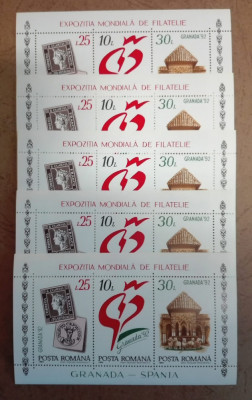 TIMBRE ROMANIA MNH LP1283/1992 Exp. Filatelie GRANADA 92 -set 5 blocuri dant. foto