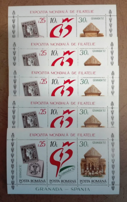 TIMBRE ROMANIA MNH LP1283/1992 Exp. Filatelie GRANADA 92 -set 5 blocuri dant.