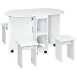Set de masa pliabil pentru 4 persoane, cu 5 piese, scaune de sufragerie tapitate, cu rafturi de depozitare si 6 roti, alb HOMCOM | Aosom Romania
