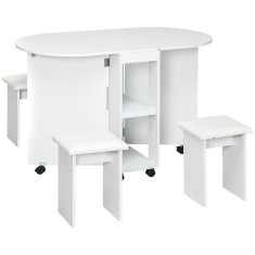Set de masa pliabil pentru 4 persoane, cu 5 piese, scaune de sufragerie tapitate, cu rafturi de depozitare si 6 roti, alb HOMCOM | Aosom Romania