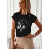 Tricou Negru din Bumbac Cu Imprimeu Papadie