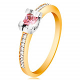 Inel din aur 14K - brațe strălucitoare, zirconiu roz, rotund &icirc;n montură din aur alb - Marime inel: 51