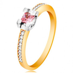 Inel din aur 14K - brațe strălucitoare, zirconiu roz, rotund în montură din aur alb - Marime inel: 49
