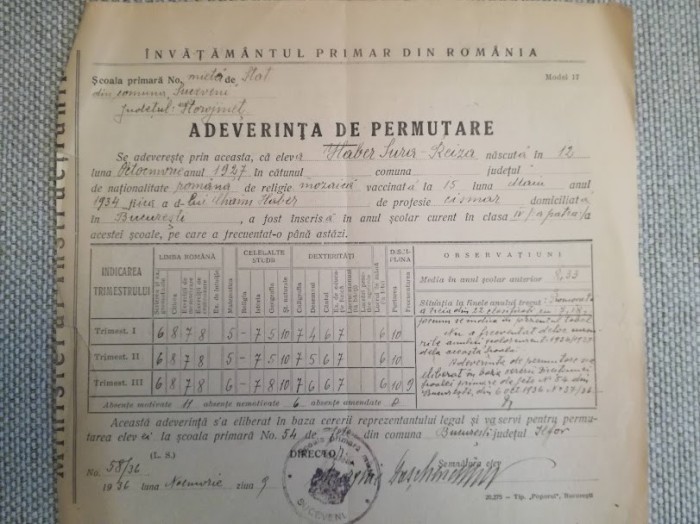 1927, Adeverință Permutare, com. Suceveni, Storojineț, iudaica