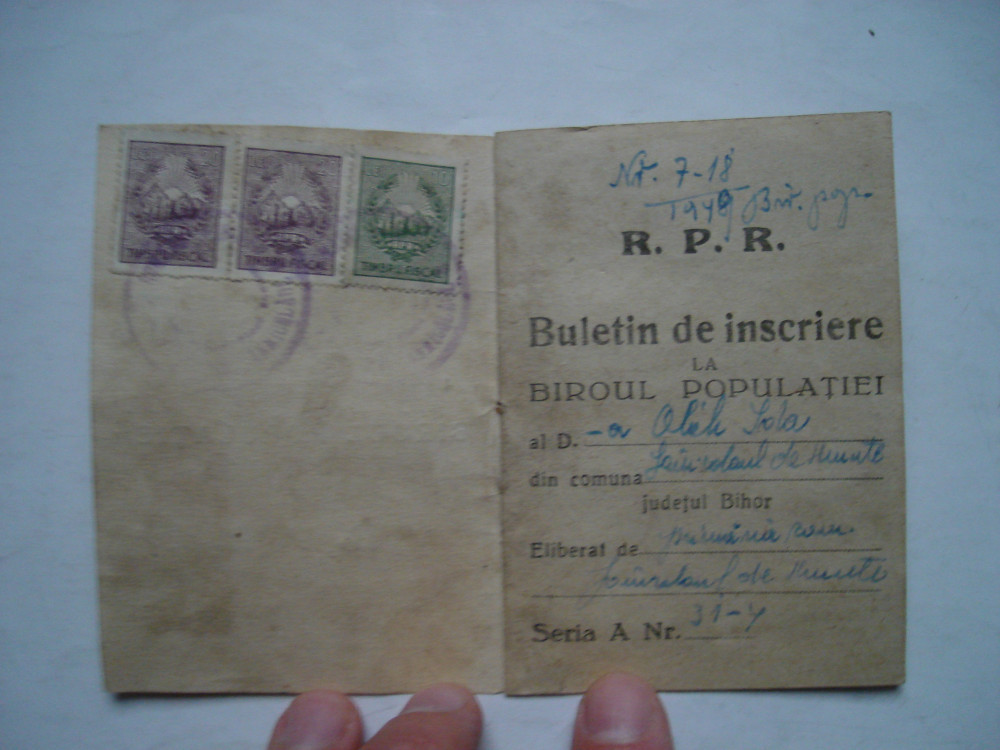 Buletin de inscriere la biroul populatiei RPR, 1949, Romania 1900 - 1950,  Documente | Okazii.ro