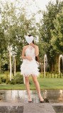Rochiță albă cu perle, pietre și pene &ndash; elegantă și spectaculoasă