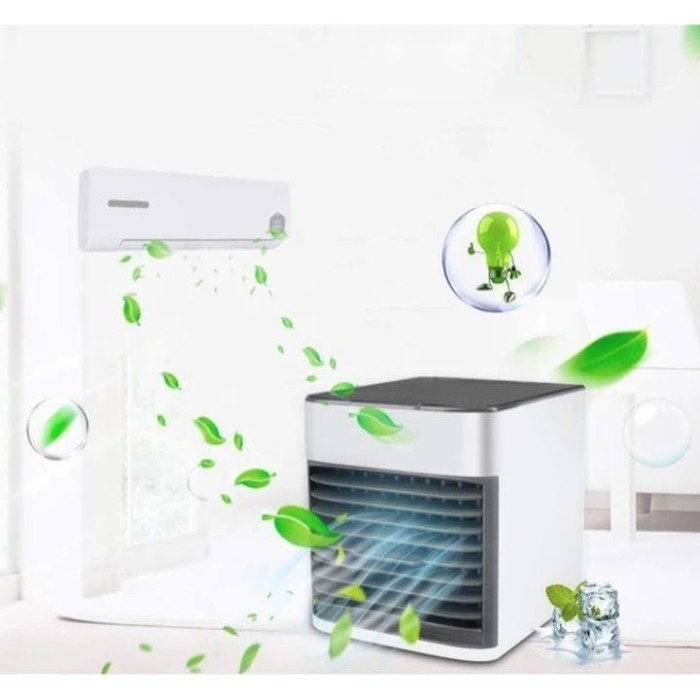 Mini aparat de aer conditionat, portabil, cu 3 functii de racire, lumina ambientala, cu apa sau gheata, din plastic, gri/alb