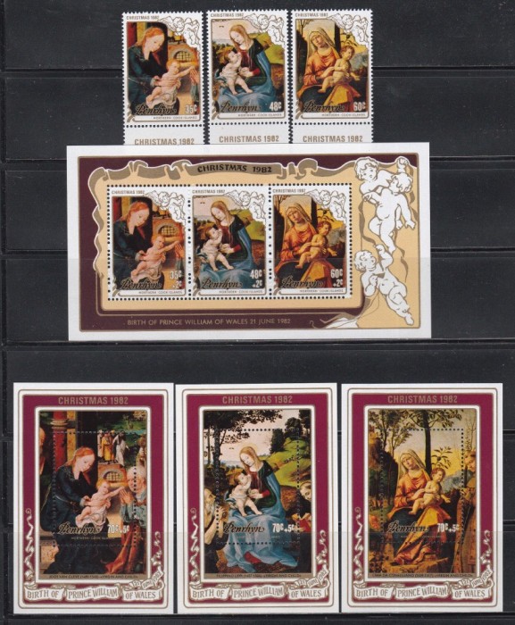 Penrhyn 1982 - Crăciun - Picturi, Serie + Bloc + 3 Colite, SET COMPLET, MNH