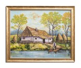 Cumpara ieftin Tablou casa taraneasca langa rau pictat manual inramat, Paradis, 55x45cm ulei pe panza, rama din lemn, Stefan Bilibou