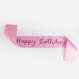 Panglică pentru petrecere aniversară, roz, cu imprimeu Happy Birthday din strasuri, CMCLASS