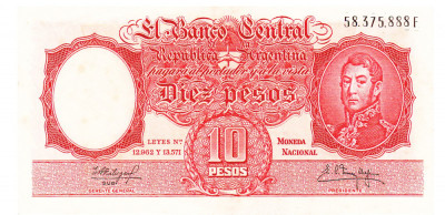 Argentina 10 Pesos 1961-62 P-270c Seria 58375888 foto