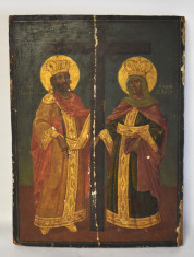 Icoana veche pictata pe lemn Sfintii Constantin si Elena - Grecia cca.1900 foto