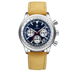 Gohuos, Ceas barbatesc, Quartz, Cronograf, Analog, Data, Piele naturala, Maro Albastru