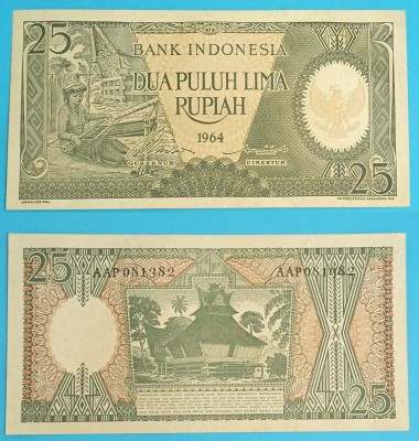 Indonezia 25 Rupiah 1964 &amp;#039;Batak&amp;#039; UNC serie: AAP 081382 p95 foto