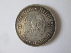 Germania Nazista 5 Reichsmark 1935 A argint 900 cu patină deosebita-Biserica garnizoana din Potsdam,diametrul=29 mm,greutate=13,90 grame