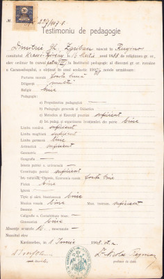 HST A1304 Testimoniu pedagogic 1908 semnat Iosif Olariu și Nicolae Regman foto