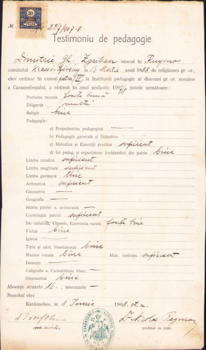 HST A1304 Testimoniu pedagogic 1908 semnat Iosif Olariu și Nicolae Regman