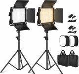 Cumpara ieftin Set 2 panouri LED profesionale pentru studio foto si video, Bi-Color 3200K-5600K, 660 LED, CRI96+, luminozitate reglabila, softbox, trepiede 190 cm, g